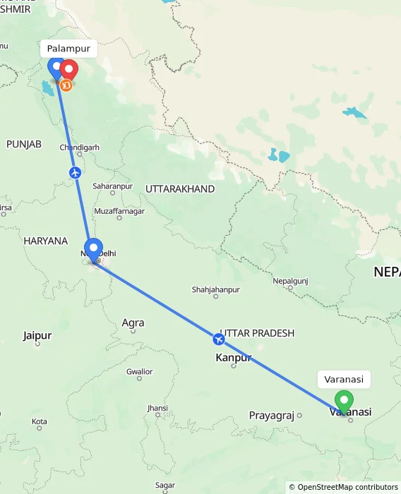 Route map showing distance and travel time from Varanasi, India to Palampur, India