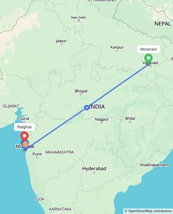 Route map showing distance and travel time from Varanasi, India to Palghar, India