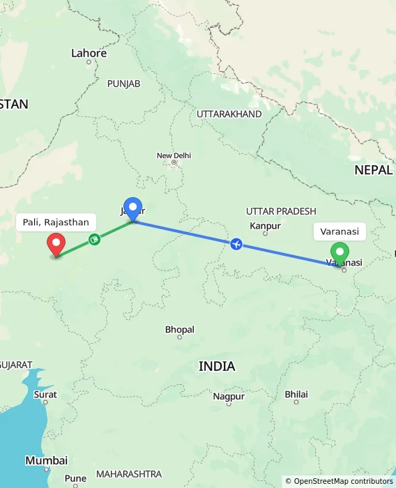 Route map showing distance and travel time from Varanasi, India to Pali, Rajasthan, India