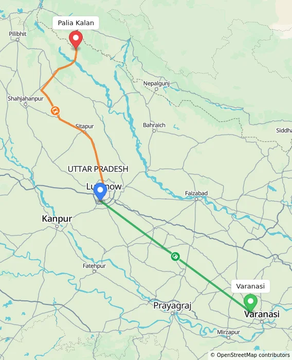 Route map showing distance and travel time from Varanasi, India to Palia Kalan, India