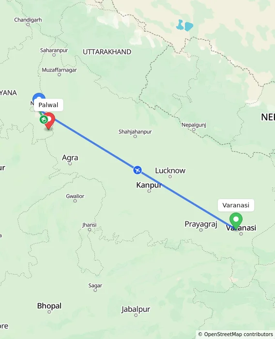 Route map showing distance and travel time from Varanasi, India to Palwal, India