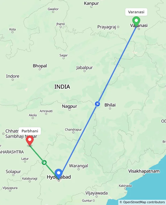 Route map showing distance and travel time from Varanasi, India to Parbhani, India