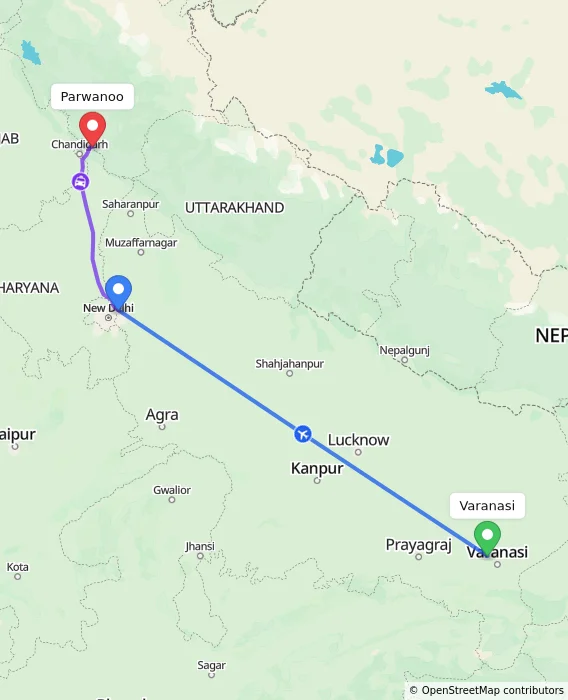 Route map showing distance and travel time from Varanasi, India to Parwanoo, India
