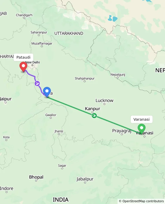 Route map showing distance and travel time from Varanasi, India to Pataudi, India
