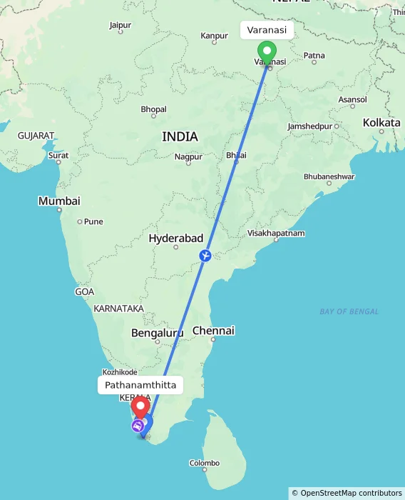 Route map showing distance and travel time from Varanasi, India to Pathanamthitta, India