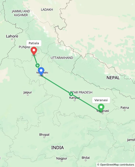 Route map showing distance and travel time from Varanasi, India to Patiala, India