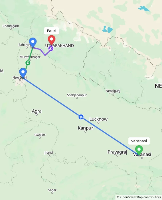 Route map showing distance and travel time from Varanasi, India to Pauri, India