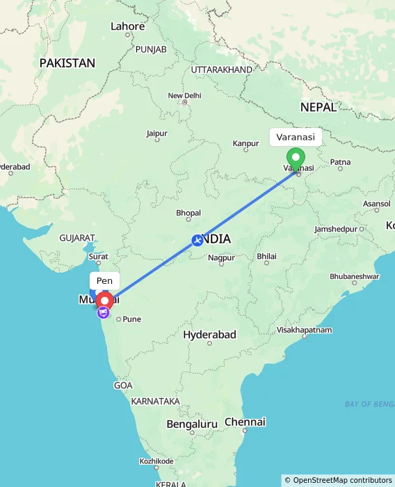Route map showing distance and travel time from Varanasi, India to Pen, India