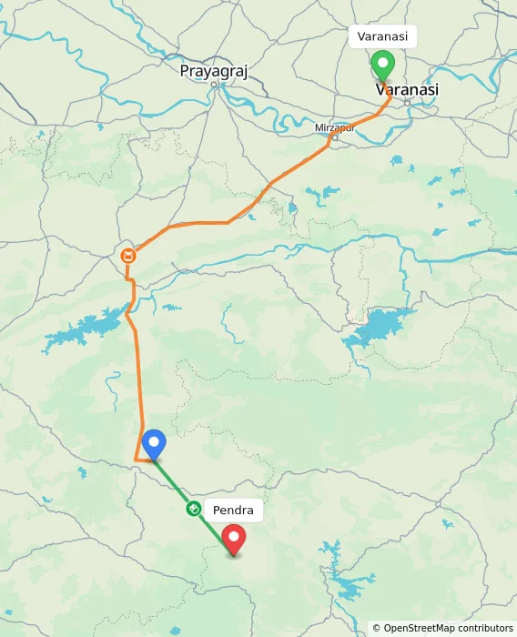 Route map showing distance and travel time from Varanasi, India to Pendra, India