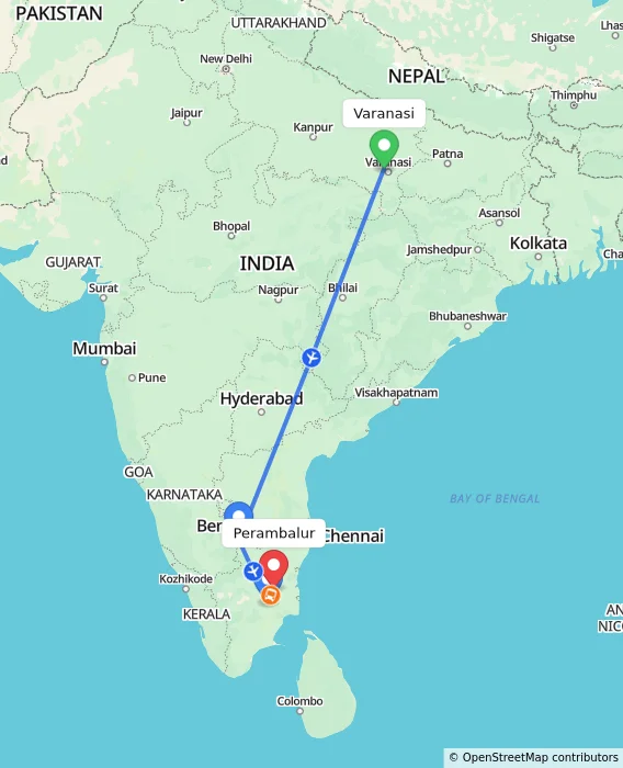 Route map showing distance and travel time from Varanasi, India to Perambalur, India