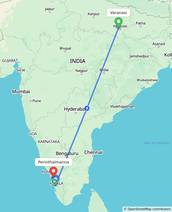 Route map showing distance and travel time from Varanasi, India to Perinthalmanna, India