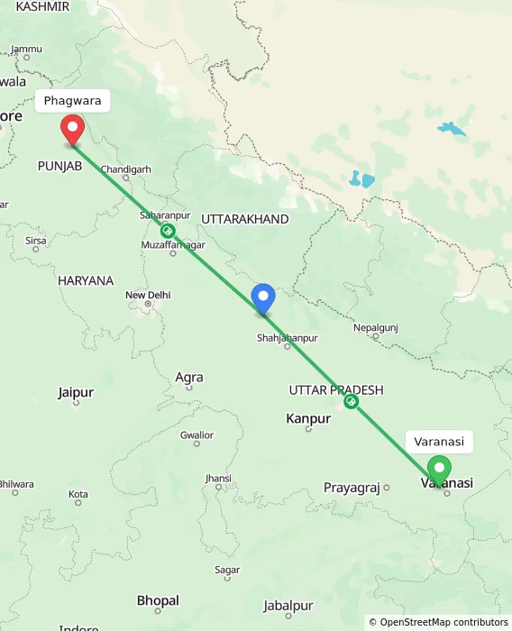 Route map showing distance and travel time from Varanasi, India to Phagwara, India