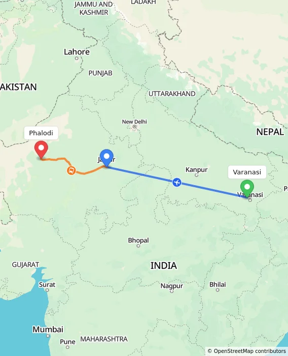 Route map showing distance and travel time from Varanasi, India to Phalodi, India