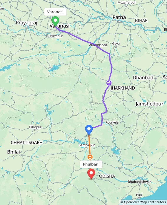 Route map showing distance and travel time from Varanasi, India to Phulbani, India
