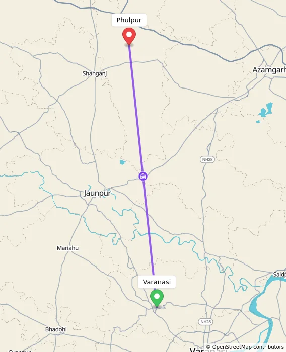 Route map showing distance and travel time from Varanasi, India to Phulpur, India