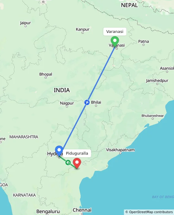 Route map showing distance and travel time from Varanasi, India to Piduguralla, India