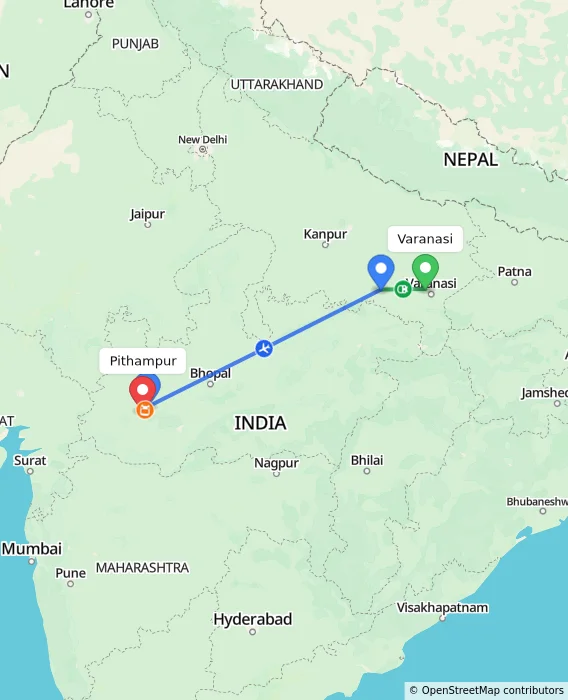 Route map showing distance and travel time from Varanasi, India to Pithampur, India