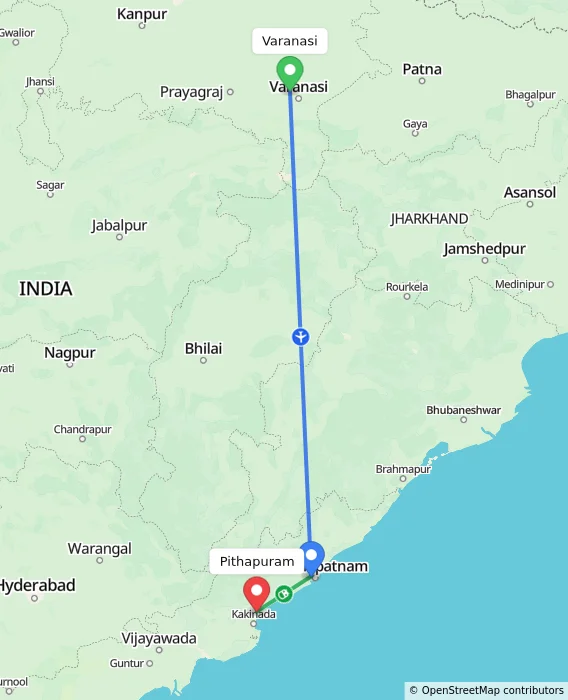 Route map showing distance and travel time from Varanasi, India to Pithapuram, India