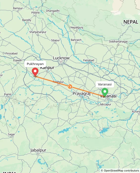 Route map showing distance and travel time from Varanasi, India to Pukhrayan, India