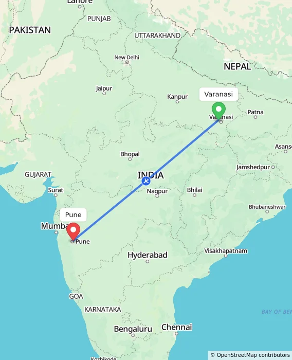 Route map showing distance and travel time from Varanasi, India to Pune, India