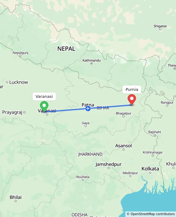 Route map showing distance and travel time from Varanasi, India to Purnia, India