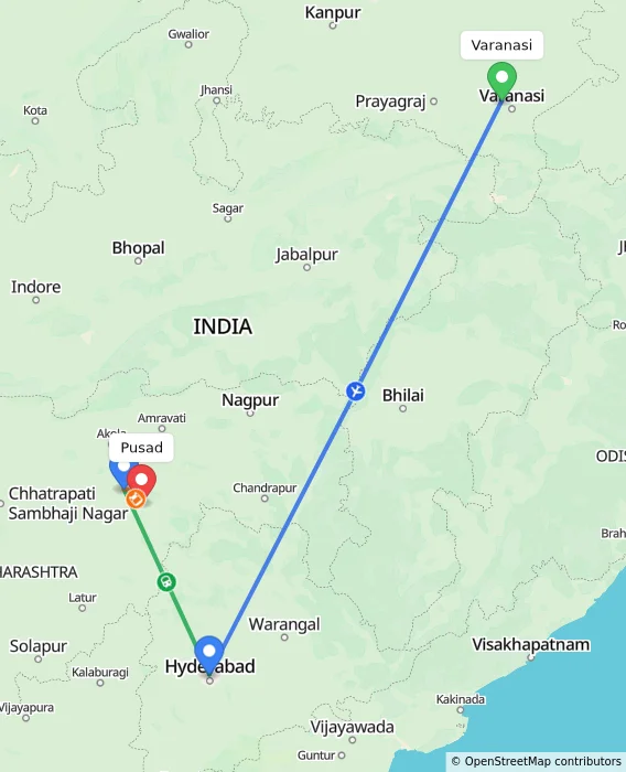 Route map showing distance and travel time from Varanasi, India to Pusad, India
