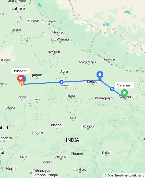 Route map showing distance and travel time from Varanasi, India to Pushkar, India