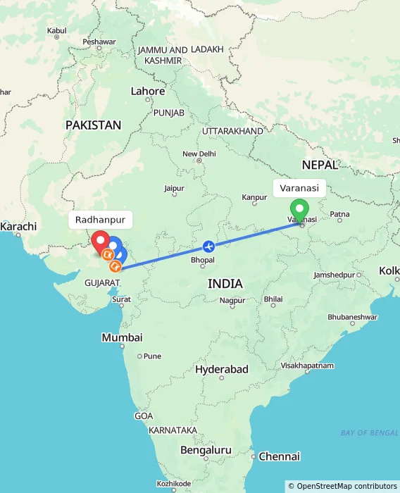 Route map showing distance and travel time from Varanasi, India to Radhanpur, India