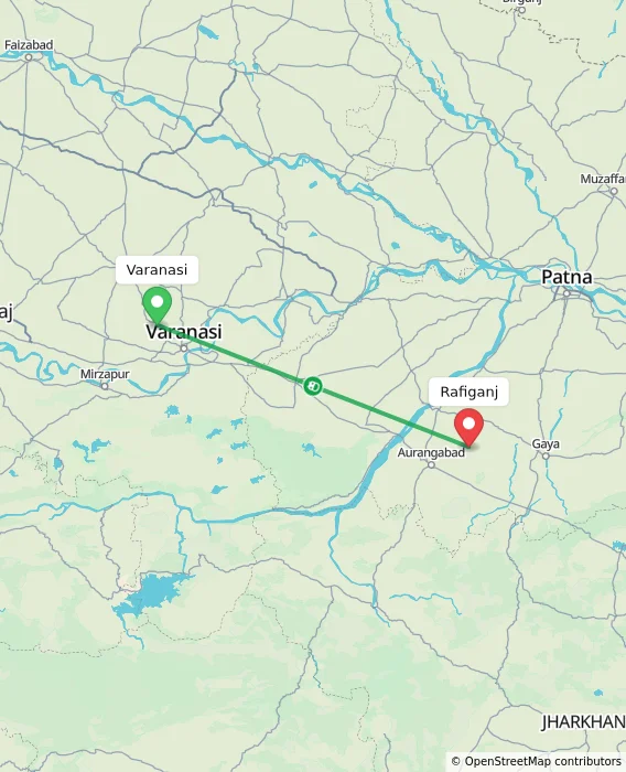 Route map showing distance and travel time from Varanasi, India to Rafiganj, India