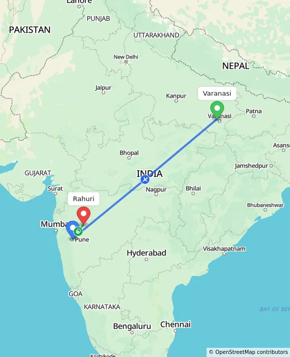 Route map showing distance and travel time from Varanasi, India to Rahuri, India