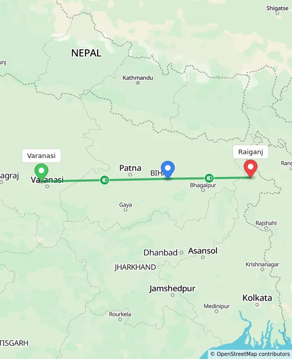 Route map showing distance and travel time from Varanasi, India to Raiganj, India
