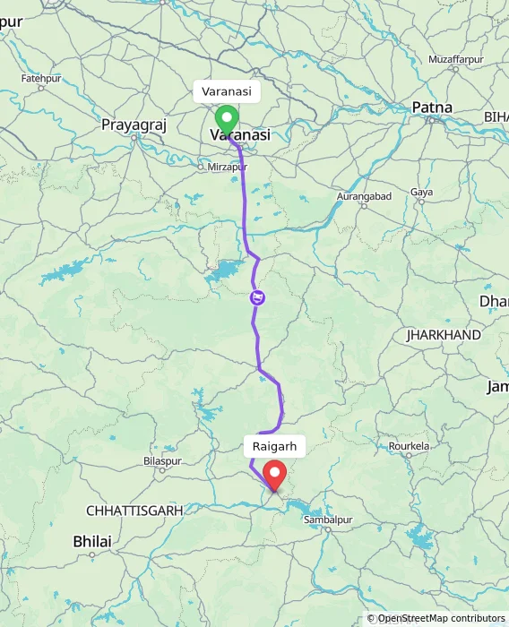 Route map showing distance and travel time from Varanasi, India to Raigarh, India