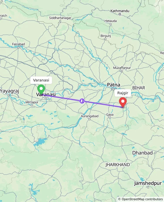 Route map showing distance and travel time from Varanasi, India to Rajgir, India