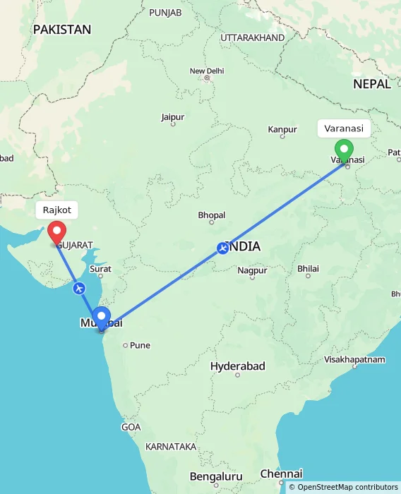 Route map showing distance and travel time from Varanasi, India to Rajkot, India