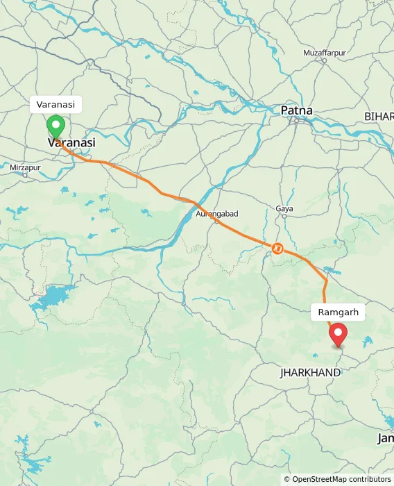 Route map showing distance and travel time from Varanasi, India to Ramgarh, India