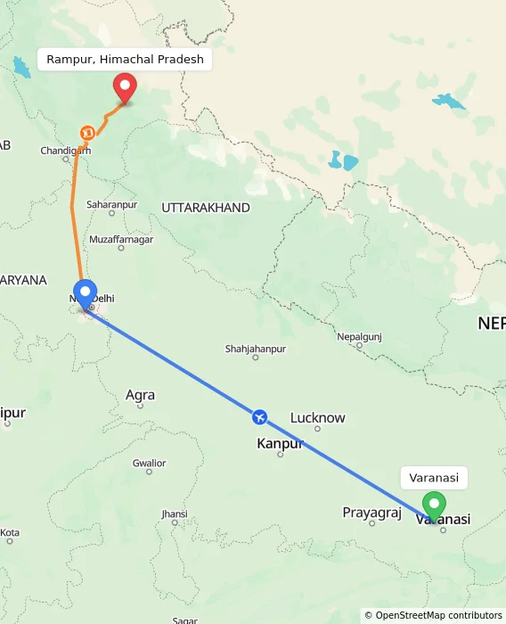 Route map showing distance and travel time from Varanasi, India to Rampur, Himachal Pradesh, India