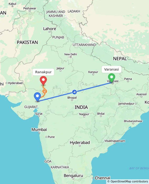 Route map showing distance and travel time from Varanasi, India to Ranakpur, India