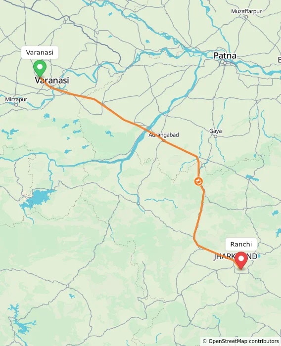 Route map showing distance and travel time from Varanasi, India to Ranchi, India