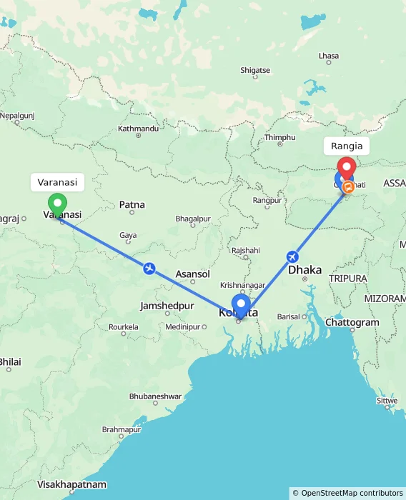 Route map showing distance and travel time from Varanasi, India to Rangia, India