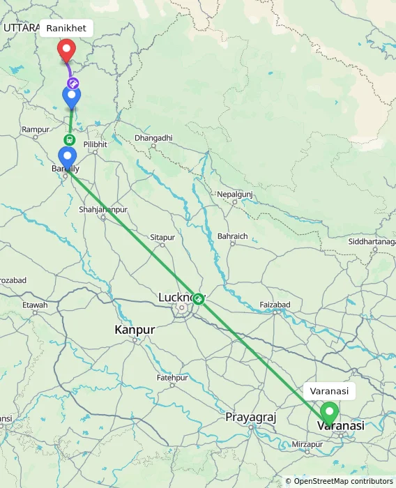 Route map showing distance and travel time from Varanasi, India to Ranikhet, India