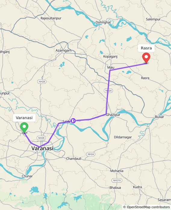 Route map showing distance and travel time from Varanasi, India to Rasra, India