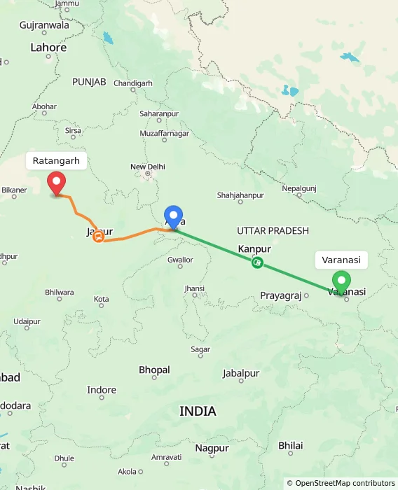 Route map showing distance and travel time from Varanasi, India to Ratangarh, India