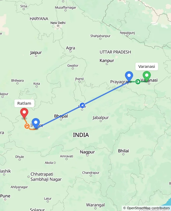 Route map showing distance and travel time from Varanasi, India to Ratlam, India