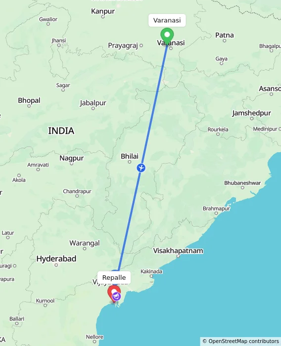 Route map showing distance and travel time from Varanasi, India to Repalle, India