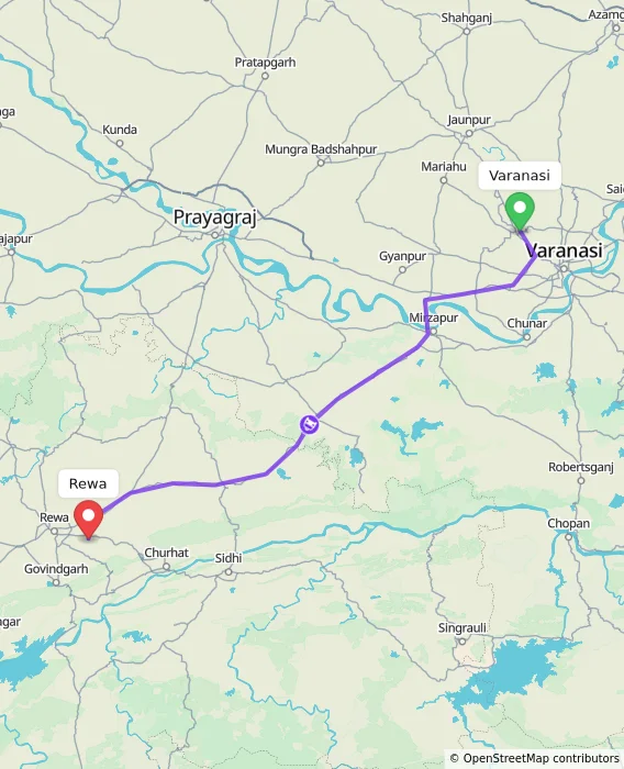 Route map showing distance and travel time from Varanasi, India to Rewa, India