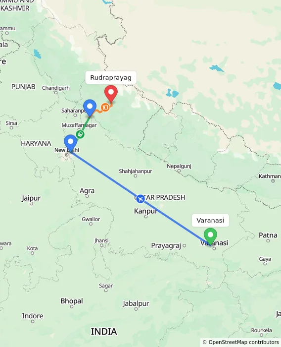 Route map showing distance and travel time from Varanasi, India to Rudraprayag, India