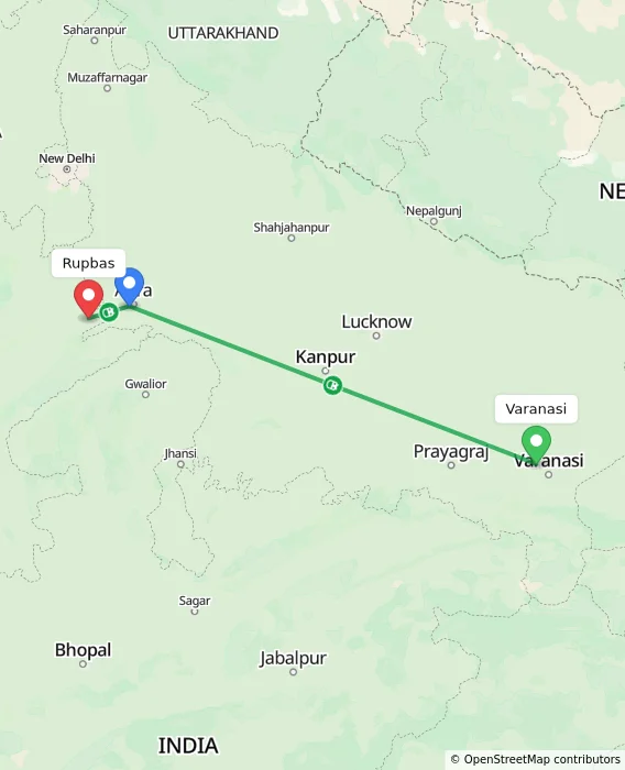 Route map showing distance and travel time from Varanasi, India to Rupbas, India
