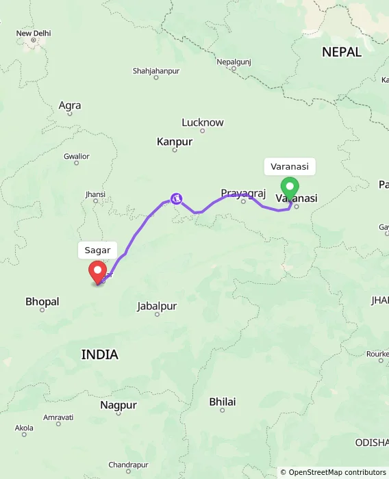 Route map showing distance and travel time from Varanasi, India to Sagar, India