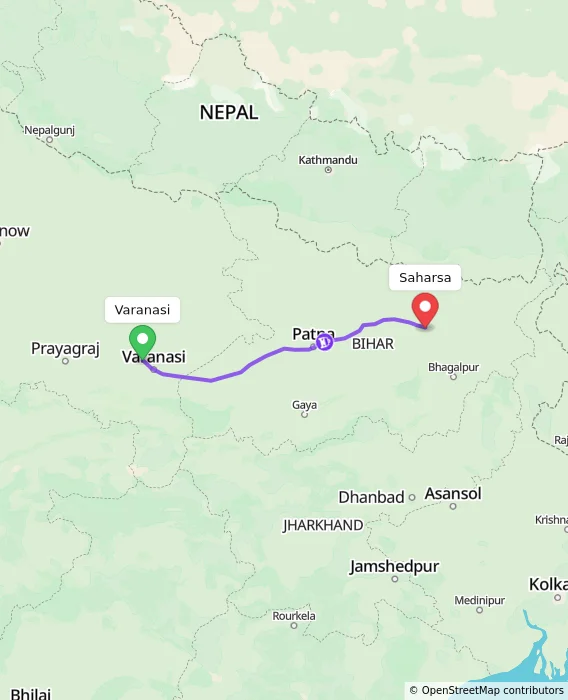 Route map showing distance and travel time from Varanasi, India to Saharsa, India