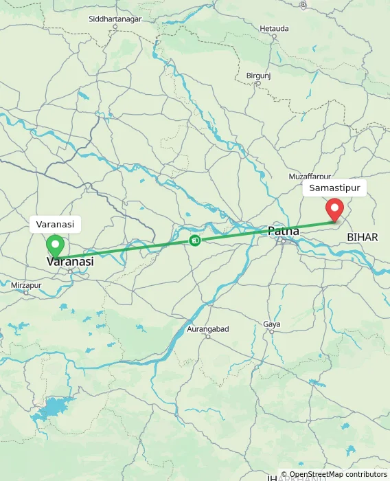 Route map showing distance and travel time from Varanasi, India to Samastipur, India